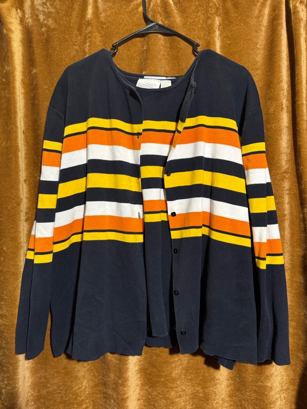 Vintage Liz Claiborne Woman Black, Yellow, Orange, & White Striped Sweater Set